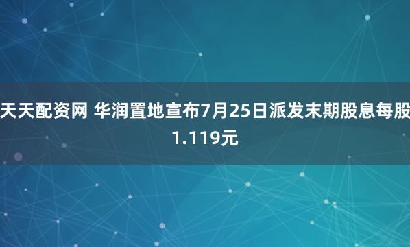 天天配资网 华润置地宣布7月25日派发末期股息每股1.119元